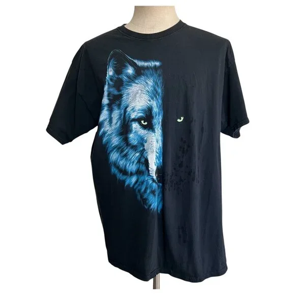 Half Wolf Half Shadow Face Black T Shirt Mens Size Large ? Graphic Short Sleeve - Picture 2 of 5